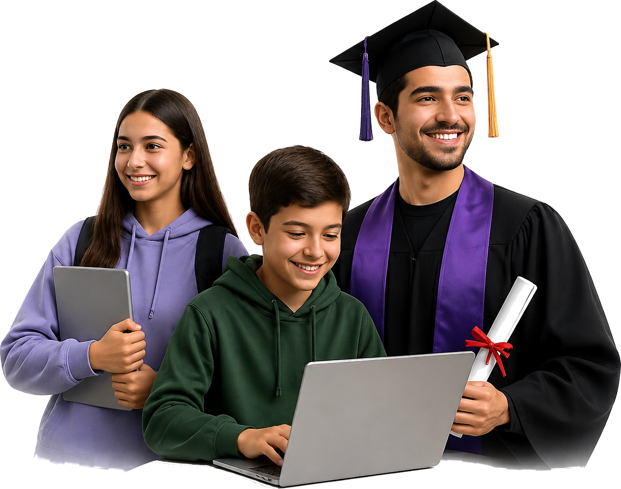 Three learners using a tablet and laptop inside EduNet